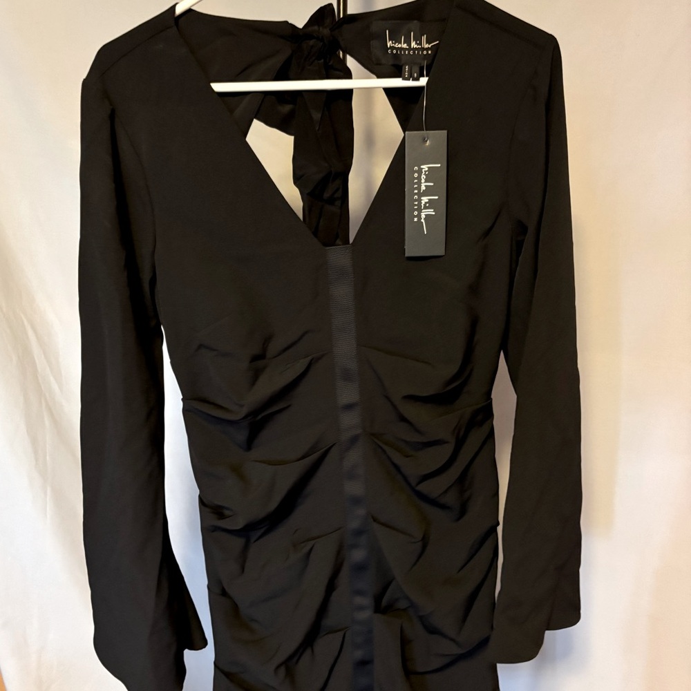 NWT Nicole Miller Black Dress w Ruching, Flare Sleeves and Open Back